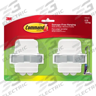 COMMAND Broom Gripper: 4 lb Wt Capacity, 1 Points per Hook, Gray/White, 3 in Overall Ht - Broom, Mop, & Long Handle Holders