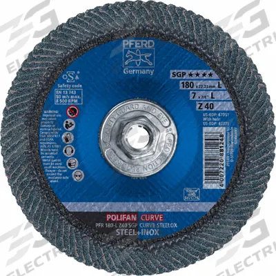 PFERD Flap Disc: Radial, 7" x 5/8"-11, Zirconia Alumina, 40 Grit, Fiberglass Bk - High-Performance Flap Discs for Carbon & Stainless Steel