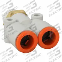 SMC Push-Fit Wye Fitting: 3/8 in OD x 3/8 in OD x 1/4 in Pipe x 3/8 in Pipe Size, White (MPN KQ2U11-02AS). Key specifications — Brand: SMC.