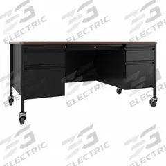 HIRSH INDUSTRIES Rectangular Office Desk: Melamine/Particleboard, Walnut, 2 Pedestals, 5 Drawers (MPN 22658). Key specifications — Desktop Material: Melamine; Includes Modesty Panel: Yes; Pedestal Location: Double Pedestal; Desktop Color: Walnut; Brand: HIRSH INDUSTRIES; Frame Color: Black; Frame Material: Steel; Product Type: Rectangular Office Desk.