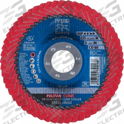 PFERD Flap Disc: Radial, 5" x 7/8", Ceramic, 60 Grit, Fiberglass Bk, Std Density - Cool-Cutting Flap Discs for Carbon & Stainless Steel