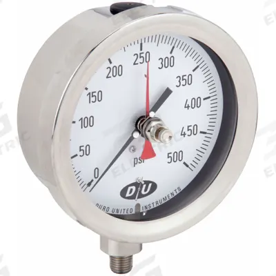 DURO Industrial Pressure Gauge: 0 psi to 500 psi, White, 4 1/2 in Dial, 1/4 in NPT Male - Stainless Steel Wetted Parts with Red Max Hand