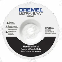 DREMEL Cutting Wheel: 4 in Wheel Dia, 0.03 in Wheel Thick, Carbide, Std Screw, 15,000 RPM Max. Speed (MPN US600-01). Key specifications — attr1097403: Carbide; attr1097412: DREMEL.