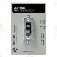 LEVITON Manual Motor Controller: 3 Poles, 30 A, 1 NEMA Rating, Painted Steel Enclosure (MPN N1303-DS). Key specifications — Brand: LEVITON; Maximum Voltage Rating: 600V AC; Mounting Style: Surface; Pilot Light: Not Included; Enclosure Material: Painted Steel.