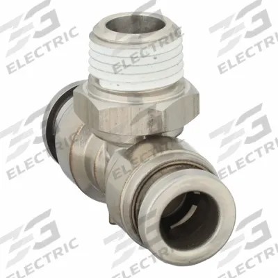 SMC Push-Fit Tee Fitting: 3/8 in OD x 3/8 in OD x 1/8 in Pipe x 3/8 in Pipe Size - Stainless Steel Tube Fittings