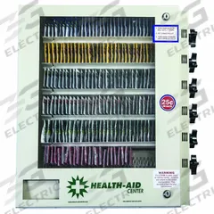 HEALTH AID 6 MACHINE Medicine Vending Machine: 29 1/2 in Overall Ht, 21 in Overall Wd, 6 Selections (MPN HA6-75). Key specifications — Material: Steel; Payment Configuration: (3) US Quarters; Brand: HEALTH AID 6 MACHINE; Manufacturer Part Number: HA6-75.
