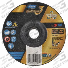 NORTON Depressed Center Wheel: Type 27, 6" x 1/8" x 7/8", Ceramic, 24 Grit, Quantum 3 SG (MPN 66252839428). Key specifications — Series: Quantum 3 SG; Brand: NORTON.