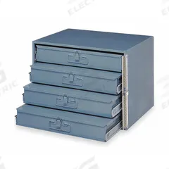 Sliding Drawer Cabinet: 20 3/8 in x 15 3/4 in x 14 7/8 in, 4 Drawers, 0 Dividers, Gray, Bearing (MPN 303B-15.75-95-D950). Key specifications — Cabinet Color: Gray; Includes Dividers: No; Drawer Inside HxWxD: 3 in x 18 in x 12 in; Stackable: Yes; Number of Compartments per Drawer: 16; Brand: DURHAM MFG.