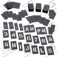 C.H. HANSON Stencil Set: 0 to 9/Ampersand (&)/A to Z/Dash (-)/Dollar Sign ($)/Period (.), PVC (MPN 10189). Key specifications — Includes: (3) B, C, D, F, G, H, J, K, L, M, P, Q, T, U, V, W, X, Y, Z, 0 to 9, Dollar Sign ($), Ampersand (&), Large Space, Small Space, Period(.), Dash(-); Characters Included: A to Z; Interlocking Orientation: Horizontal; Brand: C.H. HANSON; Included Characters: Dash (-).