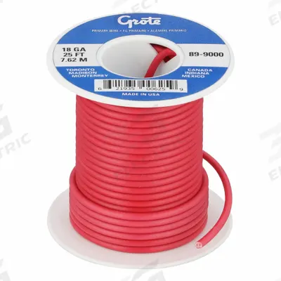 GROTE Primary Automotive Wire: GPT, 25 ft, 1 Conductor, 18 AWG, Red - PVC-Insulated General Purpose Primary Wires