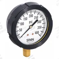 SPAN Pressure Gauge with Internal Seal: 0 psi to 400 psi, LFS-210, 2 1/2 in Dial, Buna-N, Brass, 4 (MPN LFS-210-400-G-KEMX). Key specifications — Brand: SPAN; Gauge Case Liquid: Glycerin; Seal Fill Liquid: Instrument Oil; Seal Lower Housing Material: Brass; Accuracy: ±1.00%; Gauge Wetted Parts: Brass / Copper.