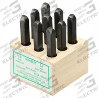 YOUNG BROS. STAMP WORKS Hand Stamp Kit: 0 thru 9 (6 doubles as 9), 1/8 in Character Ht, Steel, Wood (MPN 03092). Key specifications — Material: Steel; Brand: YOUNG BROS. STAMP WORKS; Characters Included: 0 thru 9 (6 doubles as 9).