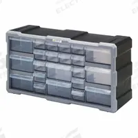 QUANTUM STORAGE SYSTEMS Drawer Bin Cabinet: 19 1/2 in x 6 1/4 in x 10 in, 22 Drawers, Stackable (MPN PDC-22BK). Key specifications — attr66719: Plastic; attr66728: No; attr66758: Heavy Duty; attr66722: Clear; attr66720: Drawer; attr66726: (14) 5-1/2 in x 2 in x 1-1/4 in; attr66716: Black; attr66753: Polypropylene.
