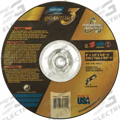 NORTON Depressed Center Grinding Wheel: Type 27, 9" x 1/4" x 5/8"-11, Ceramic, 20 Grit, Quantum 3 SG (MPN 66253370801). Key specifications — Series: Quantum 3 SG; Brand: NORTON.