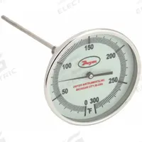 DWYER Glow-in-the-Dark Dial Thermometer: 0°F to 300°F, +/- 1% Accuracy, 5 in Dial Dia, Male (MPN GBTA560151). Key specifications — attr1275048: +/- 1%; attr1275052: DWYER.