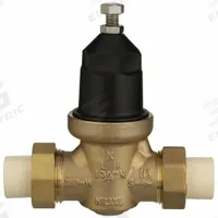 WILKINS Water Pressure Reducing Valve: FNPT, 3/4 in Pipe Size, Cast Bronze, 15 psi to 75 psi, NPT (MPN 34-NR3XLDUCPVC). Key specifications — Brand: WILKINS; Union Type: Double Union; Low-Lead Compliance: Low-Lead Compliant.