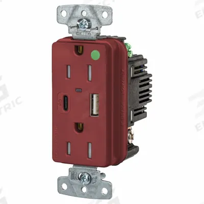 HUBBELL Receptacle: Duplex, 5-15R, 2 USB Ports, USB Type A/C, Red, 125V AC - Hospital-Grade Receptacles with USB Chargers