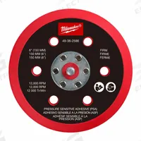 MILWAUKEE Disc Backup Pad: 6 in Wd, Round, PSA, Hard, For 2585-20, 6 Vacuum Holes, Polyurethane (MPN 49-36-2586). Key specifications — attr667722: PSA; attr667743: Disc Backup Pad; attr667724: Round; attr667738: 6; attr667733: Polyurethane; attr667729: 2585-20; attr667721: 49-36-2586; attr667725: MILWAUKEE.