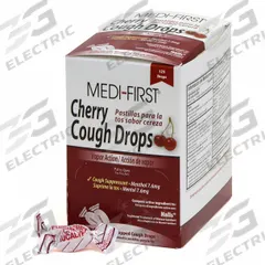 MEDI-FIRST Cough Drop: Menthol, 125 Individual Doses, Cherry, Drop, 125 PK (MPN 81525). Key specifications — Format: Drop; Strength: Regular Strength; Manufacturer Part Number: 81525; Brand: MEDI-FIRST; Purpose: Cough Suppressant; Unit Dose: 7.6 mg; Active Ingredient: Menthol; Dose Package Type: Packets.