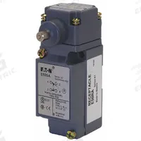 EATON Plunger Limit Switch: Plunger Actuator, Maintained, Metallic, 8 ozf Op Force - Min, Plunger (MPN E50AH1). Key specifications — Manufacturer Part Number: E50AH1; Brand: EATON; Electrical Connection: Screw Terminals; Action: Maintained; Series: E50; Body Material Type: Metallic; Actuator Type: Plunger.