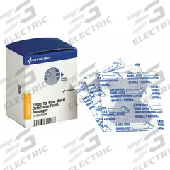 FIRST AID ONLY Adhesive Bandage: Fingertip Bandages, 1 7/8 in Wd, 2 7/8 in Lg, Metal Detectable (MPN FAE-3140). Key specifications — Product Type: Fingertip Bandages; Unitized: Bulk; Water Resistance: Not Water Resistant; Brand: FIRST AID ONLY; Latex Content: Latex Free; Metal Detectable: Metal Detectable; Package Type: Box; Manufacturer Part Number: FAE-3140.