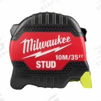 MILWAUKEE STUD Tape Measure: Nonmagnetic Single Hook Tip, 35 ft / 10 m, Metal/Stainless Steel, Red (MPN 48-22-1436). Key specifications — attr935324: MILWAUKEE; attr942259: Red; attr935326: Architect's Scale; attr935328: 1/16 in; attr935329: Inches; attr935337: Metric/SAE; attr936607: Manual Lock; attr985315: Greater than 5 m.