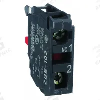 SCHNEIDER Contact Block: 22 mm Panel Mounting Size, 1NC, Momentary, ZB4/ZB5 Series (MPN ZBE102). Key specifications — Switch Action: Momentary; Terminal Connection Type: Screw Clamp Terminals; Brand: SCHNEIDER; Compatible with Series: ZB4.