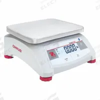 OHAUS Food Scale: 9 5/8 in Weighing Surface Dp, 7 1/2 in Weighing Surface Wd, 4 3/4 in Overall Ht (MPN V12P15 AM). Key specifications — Connection Ports: RS-232; Readability: 0.005 lb/2 g; Brand: OHAUS; IP Rating: Not IP Rated.