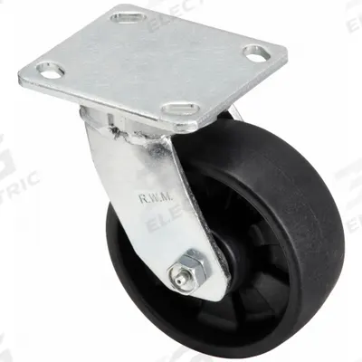 RWM Plate Caster: Swivel, Rubber, 5 in Wheel Dia, 2 in Wheel Wd, 6 1/2 in Mounting Ht - Medium-Duty General-Purpose Kingpinless Plate Casters