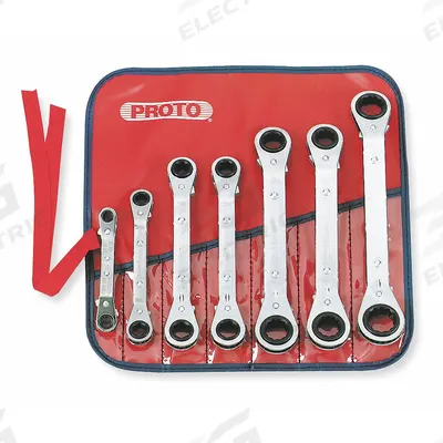 PROTO Box End Wrench Set: Alloy Steel, Chrome, 7 Tools, 7 mm to 21 mm Range of Head Sizes - Metric, Double End, 6-Point, Ratcheting Box End Wrench Sets