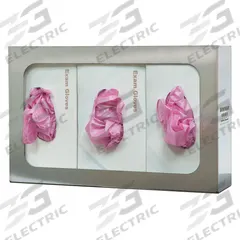 BOWMAN DISPENSERS Glove Dispenser: Stainless Steel, 16 in Overall Wd, 10 in Overall Ht, Wall, Silver (MPN GS-006). Key specifications — Dispenser Layout: (3) Boxes; Fill Direction: Left Load; Material: Stainless Steel; Brand: BOWMAN DISPENSERS; Color: Silver.