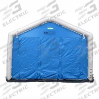 FSI Decontamination Shower: 12 Stations, 20 Spray Heads, Enclosed, Inflatable, 3/4 in GHT Female (MPN DAT1416S). Key specifications — Color: Blue; Includes: Elevation Grids; Shower Frame Material: PVC; Brand: FSI; Electrical Connection Type: Plug-In.