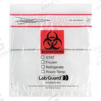 Specimen Transfer Bag: LDPE, Biohazard, 1.75 mil Thick, Clear, 8 in Overall Ht, 49-95, 1,000 PK. Key specifications — Brand: MEDEGEN MEDICAL PRODUCTS; Closure Type: Zipper; Product Type: Dual Pouch Specimen Bag; Manufacturer Part Number: 49-95; Color: Clear; Display Sell UOM: PK; Legend: Biohazard.