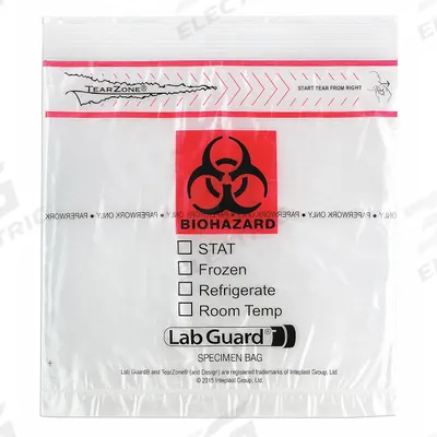 MEDEGEN MEDICAL PRODUCTS Specimen Transfer Bag: LDPE, Biohazard, 1.75 mil Thick, Clear, 8 in Overall Ht - Dual Pouch Specimen Transfer Bags