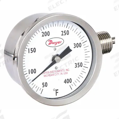 Dwyer Dial Thermometer: 50°F to 400°F, ±2%Full Scale Accuracy, 4 in Stem Lg - Side- & Bottom-Mount Fixed-Angle Thread-Mount Dial Thermometers