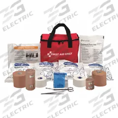 FIRST AID ONLY First Aid Kit and Housing: Gen Purpose, 10 People Served, 88 Components, Fabric (MPN 7150). Key specifications — Adhesive Bandages Included: (4) Butterfly Closures; Application: General Purpose; Brand: FIRST AID ONLY; Housing Color: Red; Housing Material: Fabric; Includes Oral or Inhalant Medication: Medication Included; Mountable: Wall Mount; Oral and Inhalant Medicinals Included: (2) Motion Sickness Relievers.