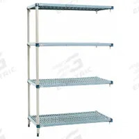 METRO Shelf Plastic Industrial Shelving (4): 24 in x 36 in, 62 in Overall Ht, 4 Shelves (MPN AQ536G3). Key specifications — Resistance Properties: Antimicrobial; Shelf Adjustment Type: Quick-Adjust; Frame Material: Steel; Shelving Material: Polymer; Brand: METRO.