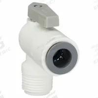 PARKER Manual Two-Way Ball Valve: 1/2 in, Polypropylene, Angle, Push x MNPT, One-Piece, Lever (MPN LFPP8VME8). Key specifications — Brand: PARKER; Handle: Lever.