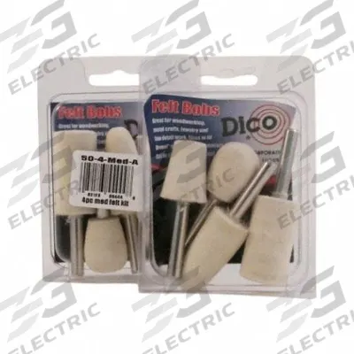 DICO Piece Hard felt Bob kit with 1/Mand: 1/4 in Shank Dia, 4 Pieces, Ball/Cone/Cylinder/Pear - Felt Bob Kits