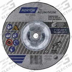 NORTON Depressed Center Wheel: Type 27, 7" x 1/4" x 5/8", Aluminum Oxide, 20 Grit (MPN 66252849378). Key specifications — Series: Norton for Aluminum; Brand: NORTON.