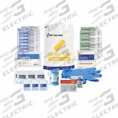 Wound Care Treatment Pack: 137 Components, Plastic, Bag, White, No Medication Included, Plastic (MPN 91164). Key specifications — Brand: FIRST AID ONLY; Adhesive Bandages Included: (30) Adhesive Fabric Bandages; Product Type: Wound Care Treatment Pack; PPE and Disposal Equipment Included: (2) Nitrile Exam Gloves; Oral and Inhalant Medicinals Included: No Oral/Inhalant Medicinals; Tools Included: Emergency Blanket; Topical Medicinals Included: (32) Alcohol Wipes; Wound Dressings Included: (2) Sterile Gauze Pads.