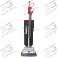 SANITAIRE Upright Vacuum Cleaner: 12 in Cleaning Path Wd, 145 cfm Air Flow, 16.2 lb Wt, Std, Bag (MPN SC889D). Key specifications — Color: Black; Vacuum Motor Type: Brushed; Includes Onboard Hose: Onboard Hose Not Included; Head Height Adjustment: 6-Position; Brand: SANITAIRE; Includes: Removable Fan Chamber and Furnitrue Guard; Independent Brush Motor: No; Broad Combined Bag/Bagless & HEPA: Standard Bag Vacuum.