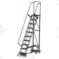 BALLYMORE Rolling Ladder: 8.3 ft Platform Ht, Unassembled, Steel, Wt-Actuated Step Lock, Antislip (MPN NAV-10RS). Key specifications — Folding: Not Foldable; Color: Gray; Brand: BALLYMORE; Handrail Configuration: Double Handrails.