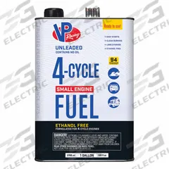 VP RACING FUELS Fuel: Contains No Oil, 1 gal Container Size, Can, 4-Cycle, OSHA 29 CFR 1910.1200 (MPN 6201). Key specifications — Gas and Oil Mix Ration: Contains No Oil; Container Type: Can; Brand: VP RACING FUELS.