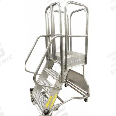 COTTERMAN Rolling Ladder: 3.3 ft Platform Ht, Assembled, Foot-Activated Step Lock - Stainless Steel Safety Cage Rolling Ladders