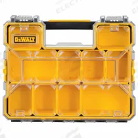 DEWALT Compartment Box: 17 1/2 in x 14 in x 4 1/2 in, Black/Yellow, 10 Compartments, 0 Adj Dividers (MPN DWST14825). Key specifications — ESD Conductive: Not Electrostatic Discharge Conductive; Color: Black/Yellow; Compartment WxD: 17-2/5 in x 13-23/25 in x 4-9/16 in; Brand: DEWALT; Material: Plastic.
