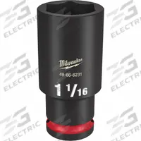 MILWAUKEE Deep Impact Socket: 1/2 in Drive Size, SAE, 1 1/16 in Socket Size, 6-Point, Deep, Friction (MPN 49-66-6231). Key specifications — attr1215501: MILWAUKEE; attr1215515: Black Phosphate; attr1215518: 1-1/16 in.