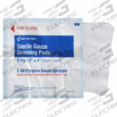 FIRST AID ONLY Gauze Pad: 4 in Dressing Lg, 4 in Dressing Wd, Gauze, Sterile, 2 PK (MPN 3-014). Key specifications — Water Resistance: Not Water Resistant; Self-Adhesion: Not Self-Adhering; Unitized: Unitized; Standards: ANSI Z308.1-2015; Manufacturer Part Number: 3-014; Package Type: Box; Product Type: Gauze Pad; Sterility: Sterile.