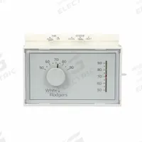 EMERSON Low Voltage Thermostat: Heat and Cool, Manual, A/B/G/O/RC/RH/W/Terminal Designations (MPN 1F56N-444). Key specifications — Application: Heat and Cool; Key Features: Vibration Resistant; Temperature Differential: 1°F Heating, 1.5°F Cooling; Voltage: 20 to 30V AC; Terminal Designations: Y; System Settings: Cool-Heat-Off; Temperature Control Range: 50° to 90°F; Changeover Type: Manual.