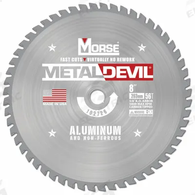MORSE Circular Saw Blade: 8 in Blade Dia., 56 Teeth, 0.08 in Cut Wd, 5/8 in Arbor Size - Aluminum & Soft Metal-Cutting Blades